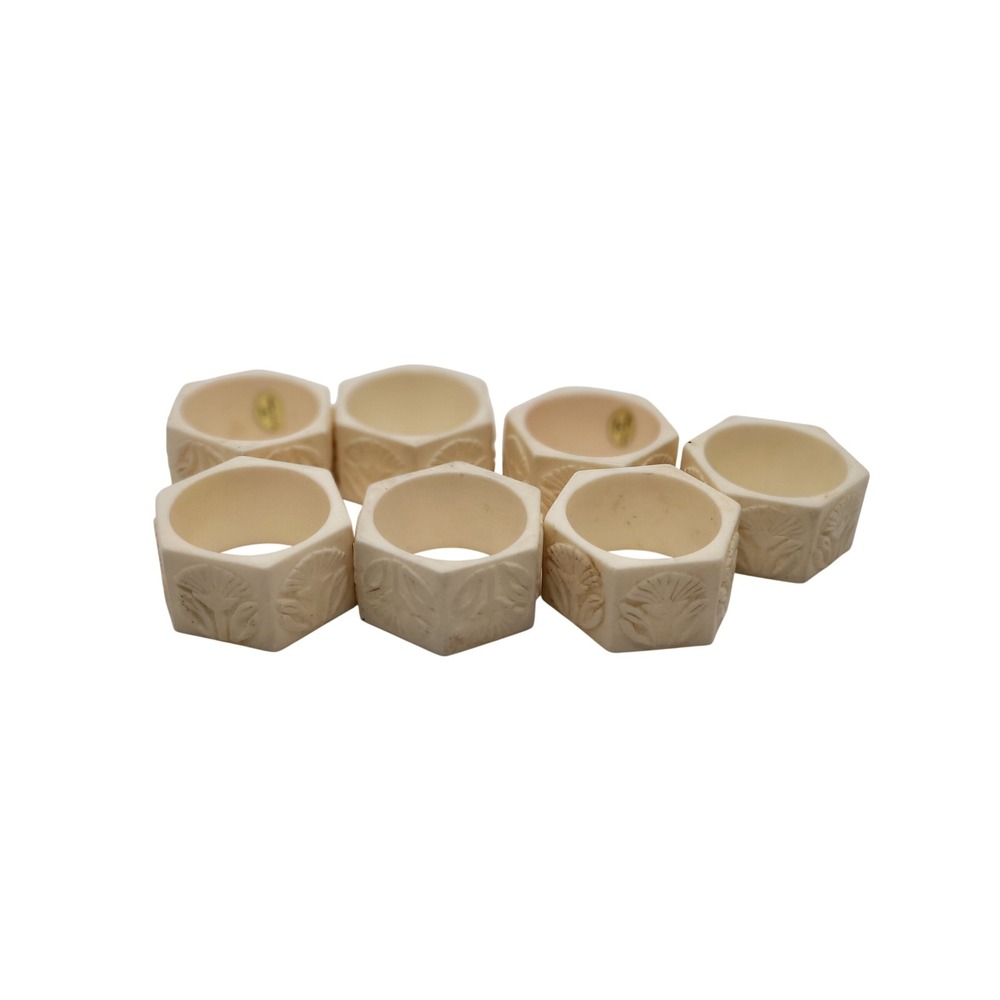 Vintage Set of 7 Hexagon Floral Napkin Rings Cream Made in Hong Kong Mid Century